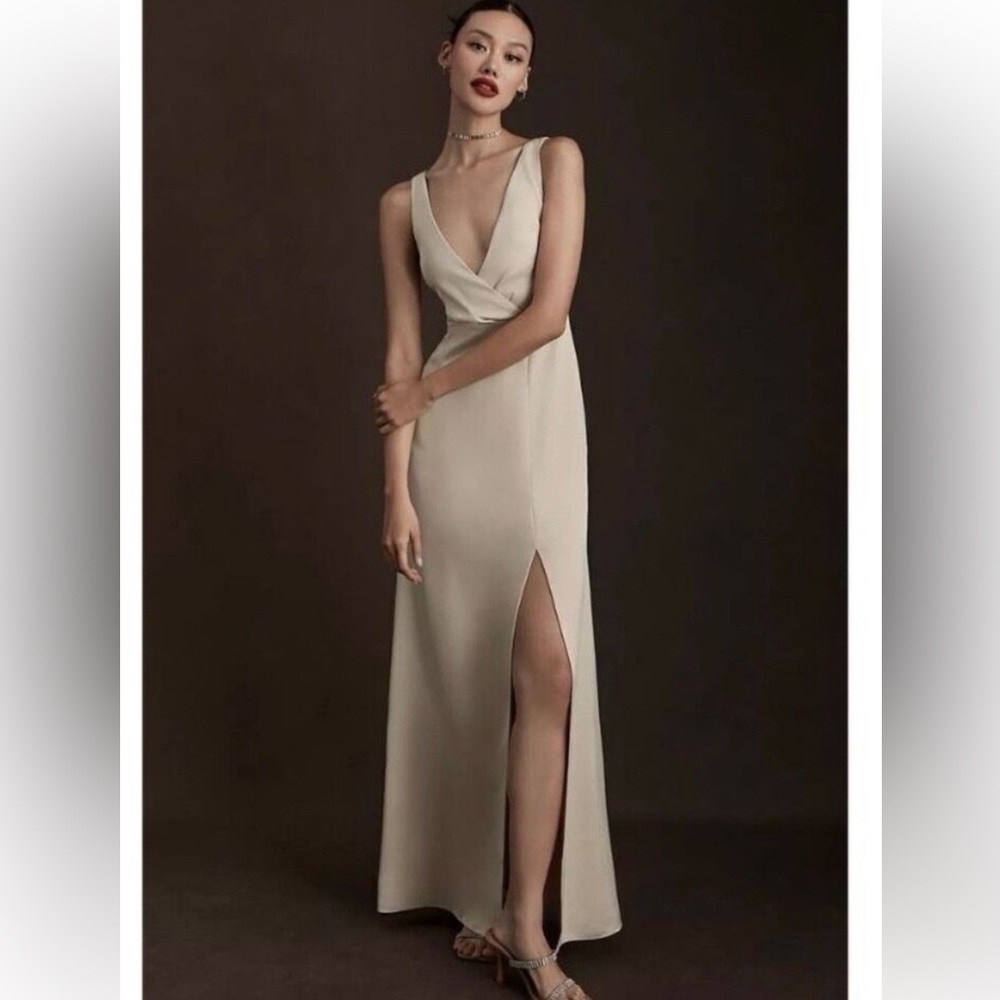 BHLDN PIPER V-NECK SIDE-SLIT SATIN GOWN